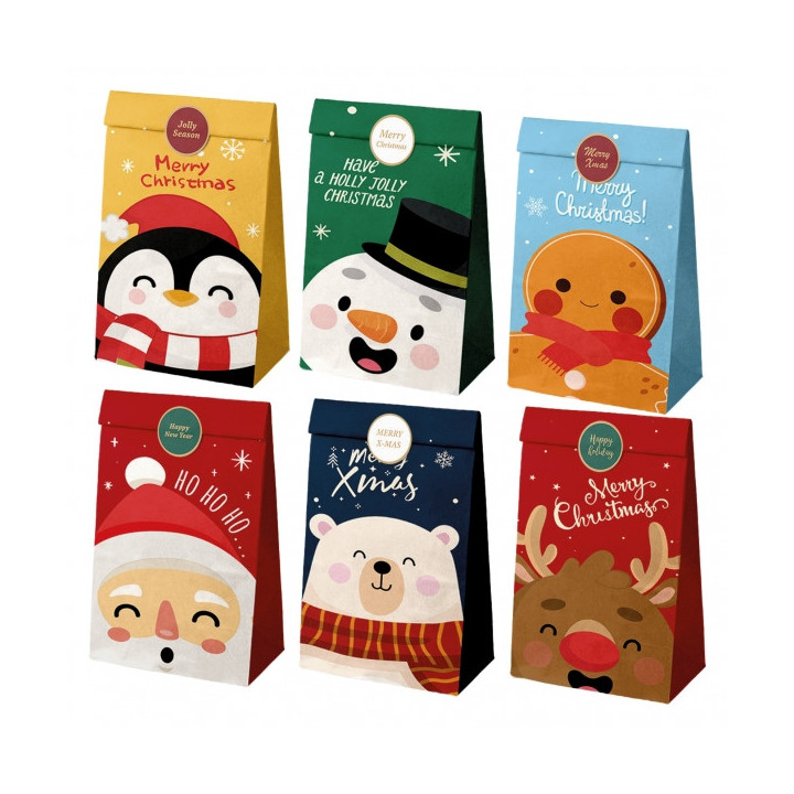 Dohe Navidad Pack de 12 Bolsas de Papel 22x12x8cm - 2 Bolsas por Modelo - Alta Resistencia