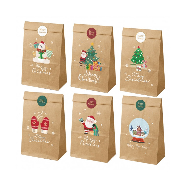 Dohe Navidad Pack de 12 Bolsas de Papel Kraft 22x12x8cm - 2 Bolsas por Modelo - Alta Resistencia