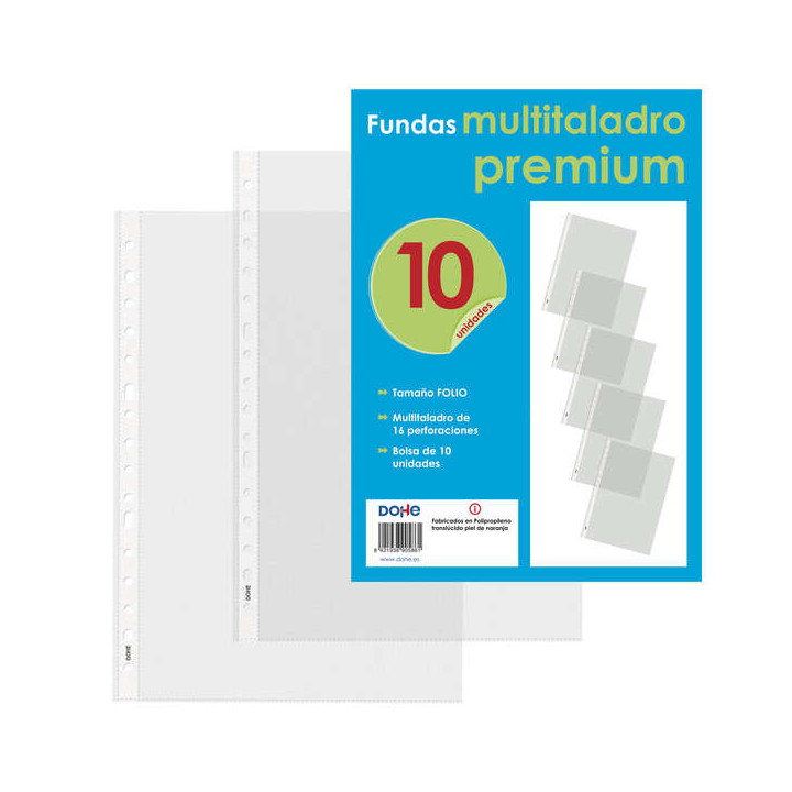 Dohe 10 Fundas Multitaladro Premium con 16 Perforaciones - 220x310mm - Polipropileno Rugoso