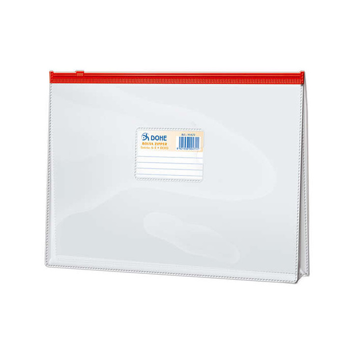 Dohe Bolsa Zipper Folio Apaisado PVC Transparente 150 Micras - Apertura Superior - Cierre Zip Hermetico en Color Rojo
