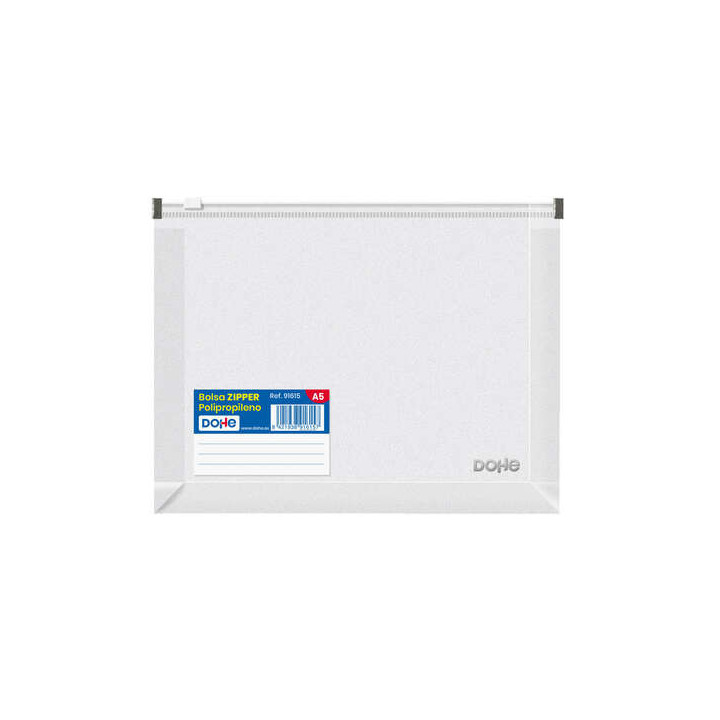 Dohe Bolsa Zipper Apaisada de Polipropileno Transparente - 180 Micras - Cierre Zip Hermetico Blanco - Lomo Expansible 30mm - Et