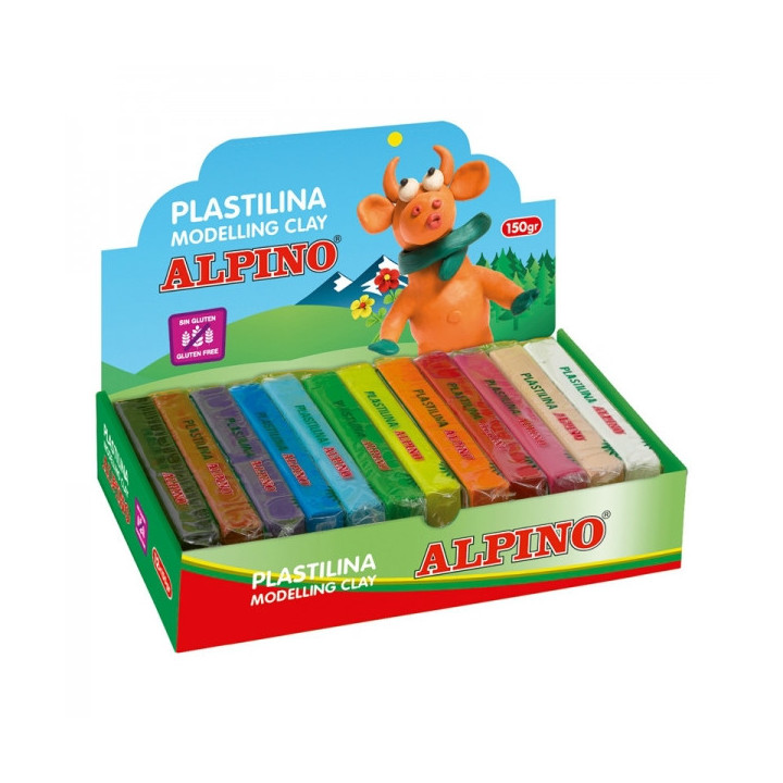 Alpino Expositor de 12 Pastillas de Plastilina 150gr - Muy Flexible - Pueden Mezclarse - Sin Gluten - Colores Surtidos