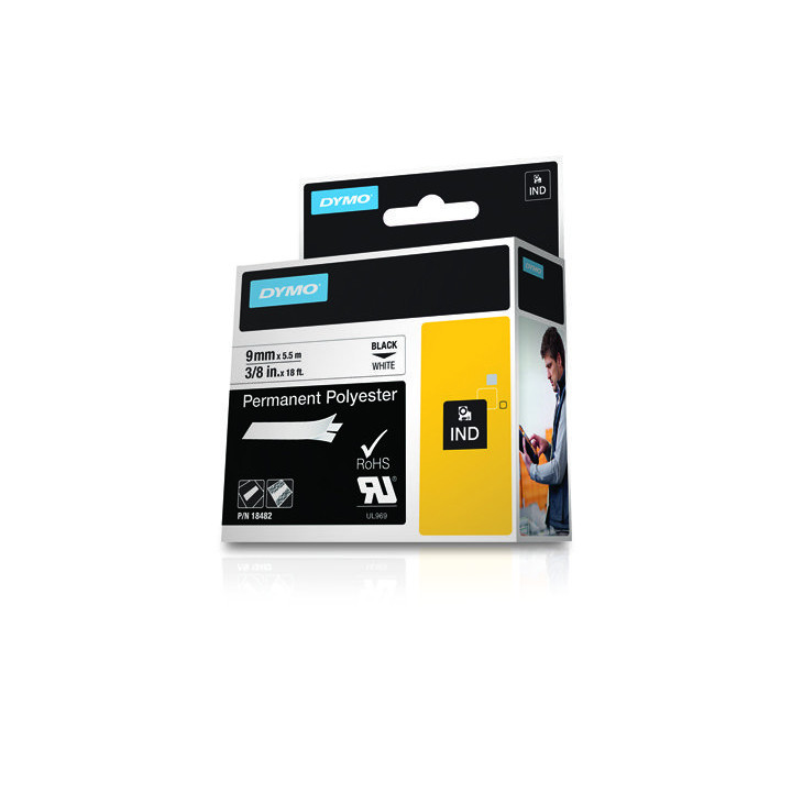 Dymo Rhino ID1-9 Cinta de Etiquetas Original para Rotuladora - Texto Negro sobre Fondo Blanco - Ancho 9mm x 5.5 metros - 18482