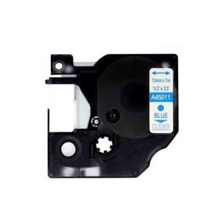 Dymo D1 45011 Cinta de Etiquetas Generica para Rotuladora - Texto azul sobre fondo transparente - Ancho 12mm x 7 metros - Reemp