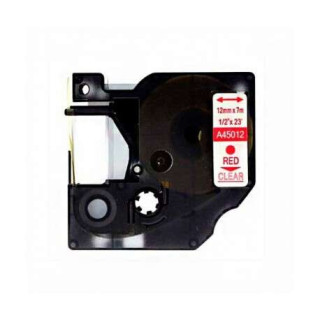 Dymo D1 45012 Cinta de Etiquetas Generica para Rotuladora - Texto rojo sobre fondo transparente - Ancho 12mm x 7 metros - Reemp