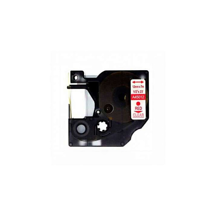 Dymo D1 45012 Cinta de Etiquetas Generica para Rotuladora - Texto rojo sobre fondo transparente - Ancho 12mm x 7 metros - Reemp