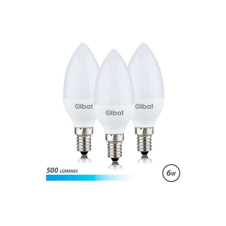 Elbat Bombillas LED C37 Pack de 3 - 6W - 500LM - Base E14 - Luz Fria - Ahorro Energetico - Blanco Frio