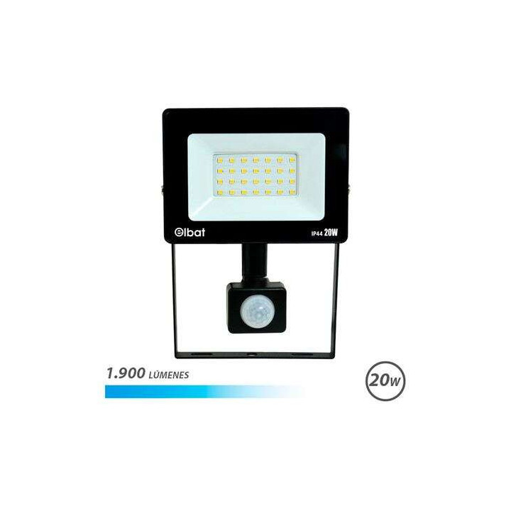 Elbat Foco LED con Sensor de Movimiento - Potencia: 20W - Lumenes: 1900 - Luz Fria 6.500K - Vida Util: 30.000 - 50.000 Horas -