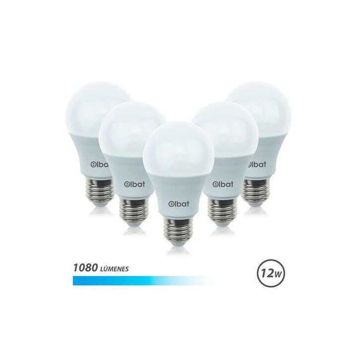 Elbat Pack 5 Unidades - Potencia 12W - Lumenes 1080 - Tipo de Luz 6500K Luz Fria - Casquillo E27 - Angulo 220º - Dimensiones 6