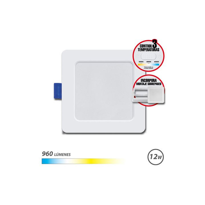 Elbat Downlight Cuadrado 12W - 960Lm - Selector 3 Temperaturas+Sobrepared - Color Blanco