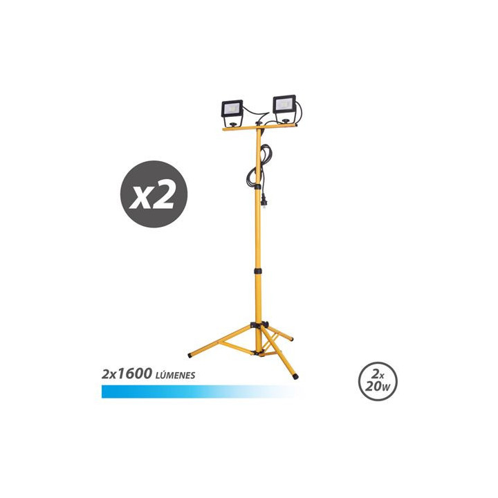 Elbat Foco LED con Tripode 2 x 20W - 1600 Lumenes - 6500K Luz Fria - Cable de 3m - IP65 para Uso en Exterior