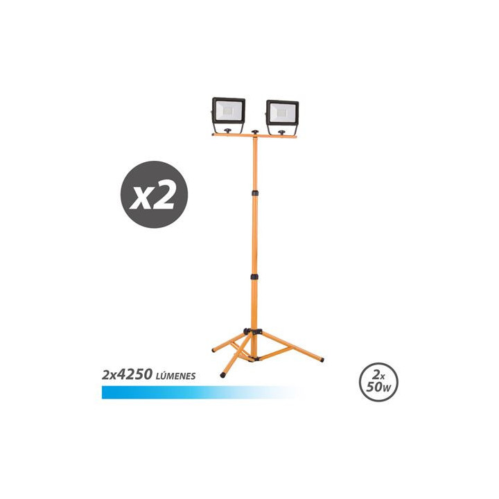 Elbat Foco LED con Tripode 2 x 50W - 4250 Lumenes - 6500K Luz Fria - Cable de 3m - IP65 para Uso en Exterior