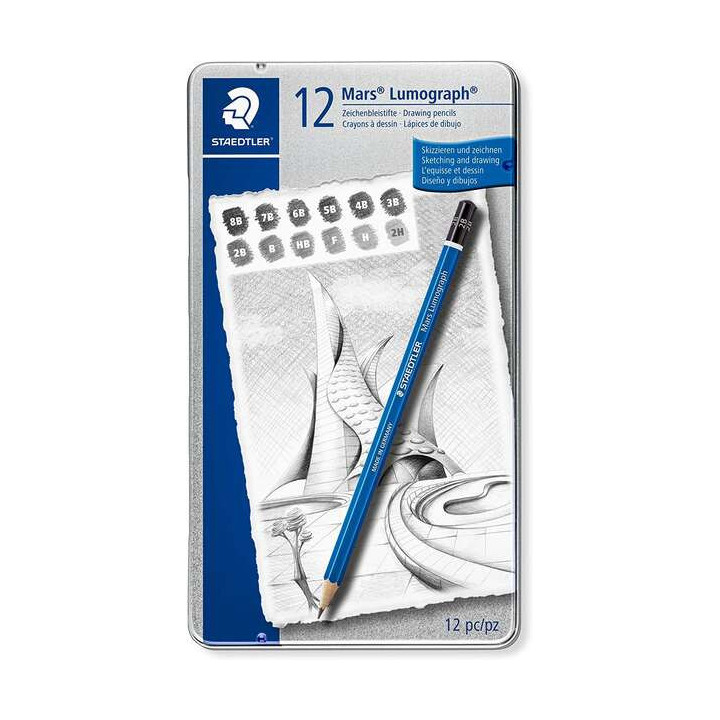 Staedtler Mars Lumograph 100 Pack de 12 Lapices de Grafito - Resistencia a la Rotura - Graduaciones Surtidas