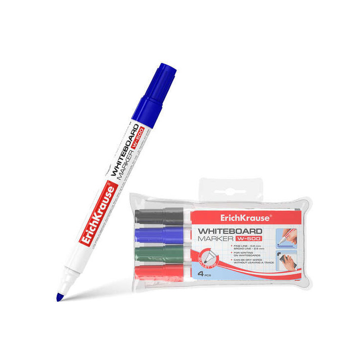 Erichkrause W-500 Pack de 4 Rotuladores para Pizarra Blanca - Punta en Forma de Bala - Trazo de 0.8 a 2.5mm - Tinta a Base de A