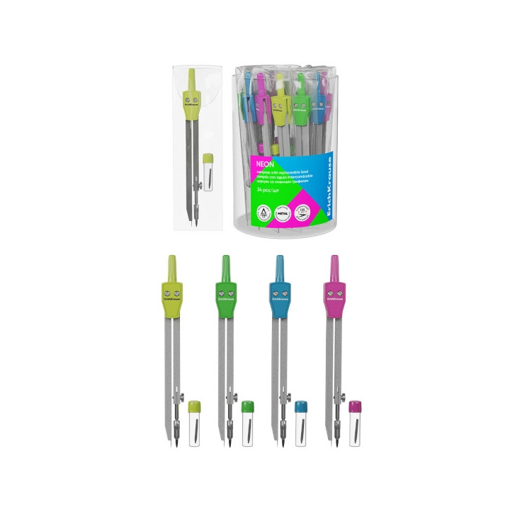 ErichKrause Compas Escolar con Articulacion y Mina de Repuesto - Colores Surtidos