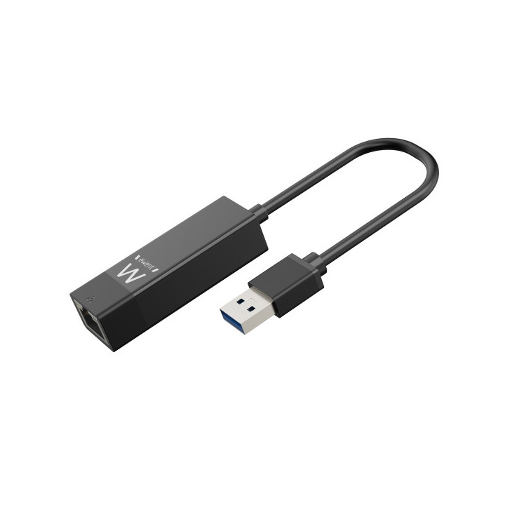 Ewent Conversor Adaptador de Red RJ45 a USB-A - Gigabit 10/100/1000Mbps - Cable de 15cm - Soporta WOL - Color Negro