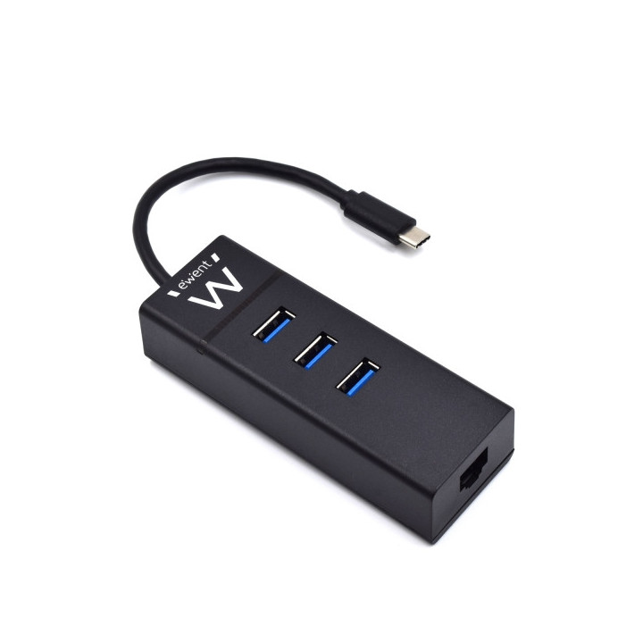 Ewent Hub USB-C 4 en 1 - 3x USB-A - 1x RJ45 - hasta 1000Mbps - Cable de 15cm - Color Negro