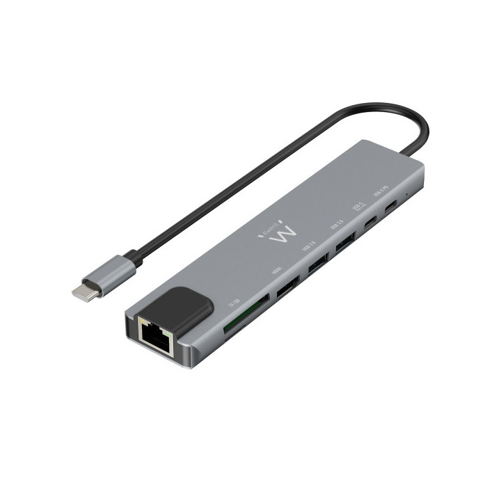 Ewent USB-C Dock 8 en 1 - HDMI 4K - PD 87W - USB-C - 2xUSB-A - LAN - Lector de tarjetas - Color Plata