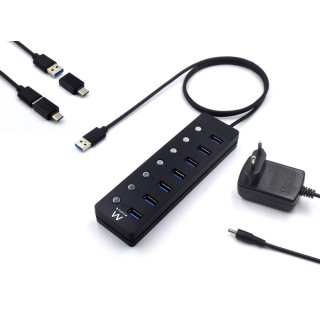 Ewent Hub USB 7 en 1 - Alimentacion Externa - Interruptores Individuales - Incluye Adaptador USB-C - Cable de 1.2m - Color Negr