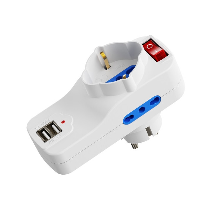 Ewent Regleta de 3 Tomas de Pared - 3x Tomas Italianas Tipo L/ Schuko de 10/16A - 2 Tomas L + 1 Toma L/F (Schuko) - 2x USB-A -