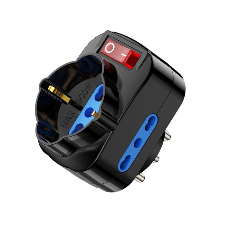 Ewent Regleta de 3 Tomas de Pared - 3x Tomas Italianas Tipo L/ Schuko de 10/16A - 2 Tomas L + 1 Toma L/F (Schuko) - Interruptor