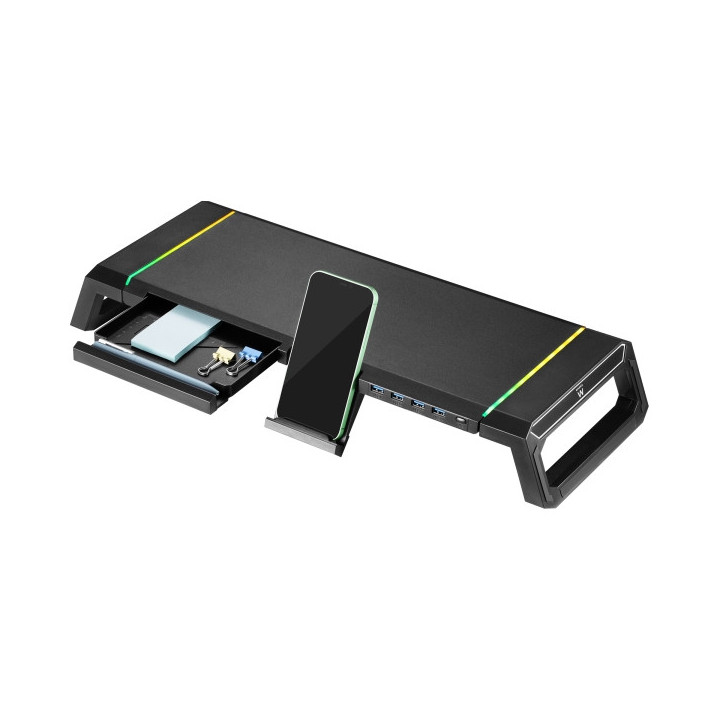Ewent EW1268 Elevador para Monitor RGB Extensible - Plegable con cajon y soporte para smartphone - HUB USB 3.0 de 4 Puertos - C