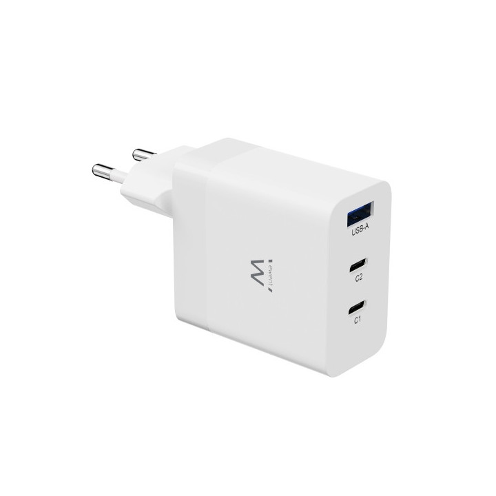 Ewent EW1323 Cargador USB-3 Puertos - Salida Maxima 65W - 1 USB A y 2 USB C - Color Blanco