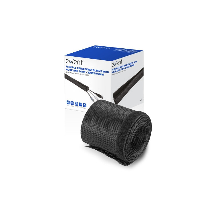 Ewent Manguito Organizador de Cable Polyester - Cierre de Velcro - 2m - 100mm - Color Negro