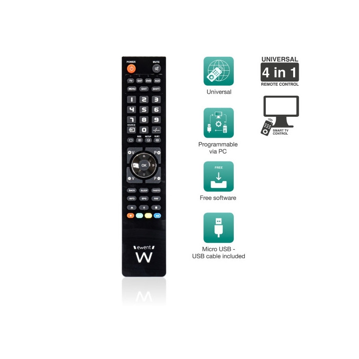 Ewent Control Remoto 4 en 1 Universal - Programable con Cable Micro USB y PC - Color Negro