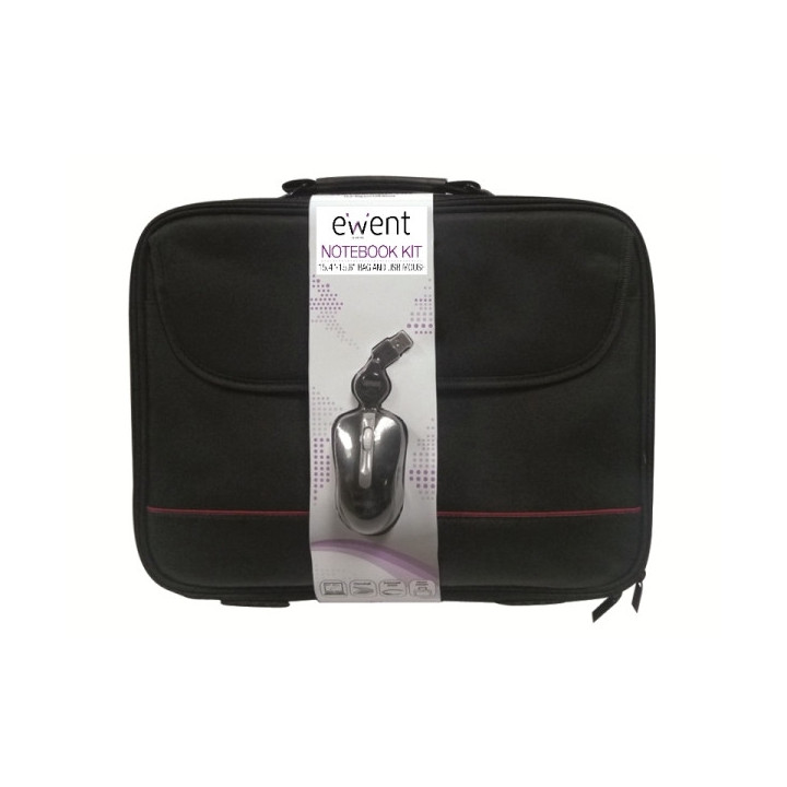 Ewent Maletin para Portatil 15.6” - Incluye Raton Optico USB - Asa de Mano - Correa Ajustable - Poliester - Color Negro/Rojo