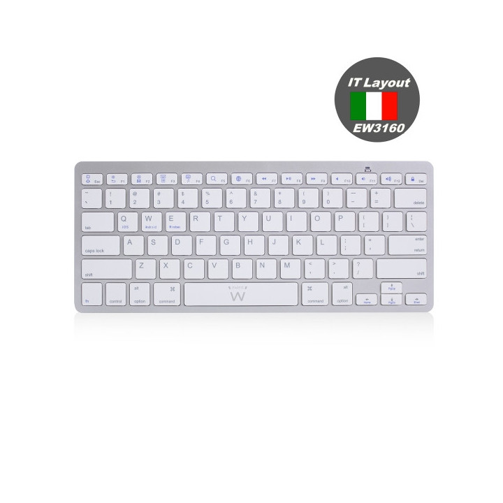 Ewent Teclado de Viaje - Modo Ahorro de Energia - Bluetooth 3.0 - Disposicion Italiana QWERTY IT - Color Plata
