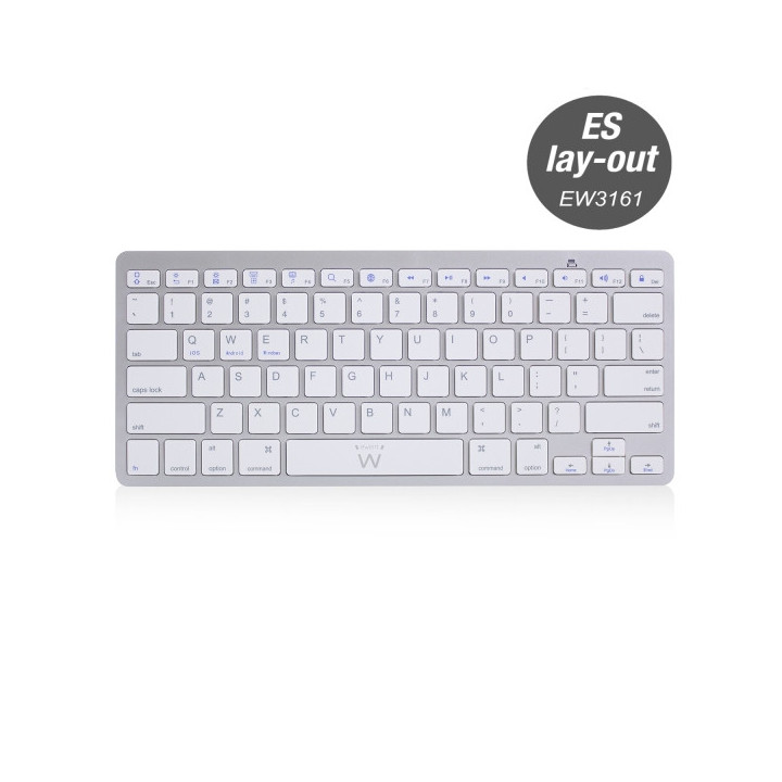 Ewent Teclado Inalambrico - 2x Baterias AAA - Disposicion QWERTY ES - Ultradelgado - Bluetooth - Color Plata/Blanco