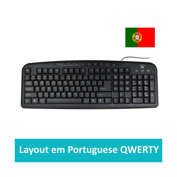Ewent Teclado con Cable USB - Disposicion Portuguesa QWERTY PT - Plastico ABS - Teclas Silenciosas - Cable de 1.2m - Color Negr