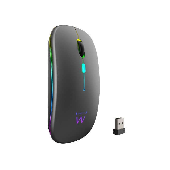Ewent Raton Inalambrico - Receptor USB-A de 2.4GHz- Bluetooth 5.1 - Recargable - Luces RGB - 4 Botones - Bateria de Litio de 50