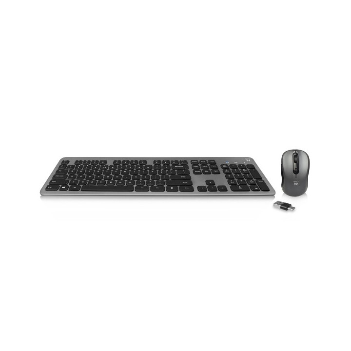 Ewent Pack Teclado + Raton Inalambrico - Receptor USB-A 2.4Hz - 1600dpi - Disposicion Inglesa QWERTY US - Incluye Pilas AA/AAA