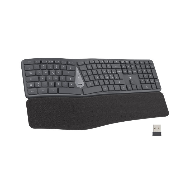 Ewent Teclado Inalambrico - Ergonomico - Bateria de Litio Recargable de 300mAh - Teclas de Bajo Perfil y Silenciosas - Color Ne