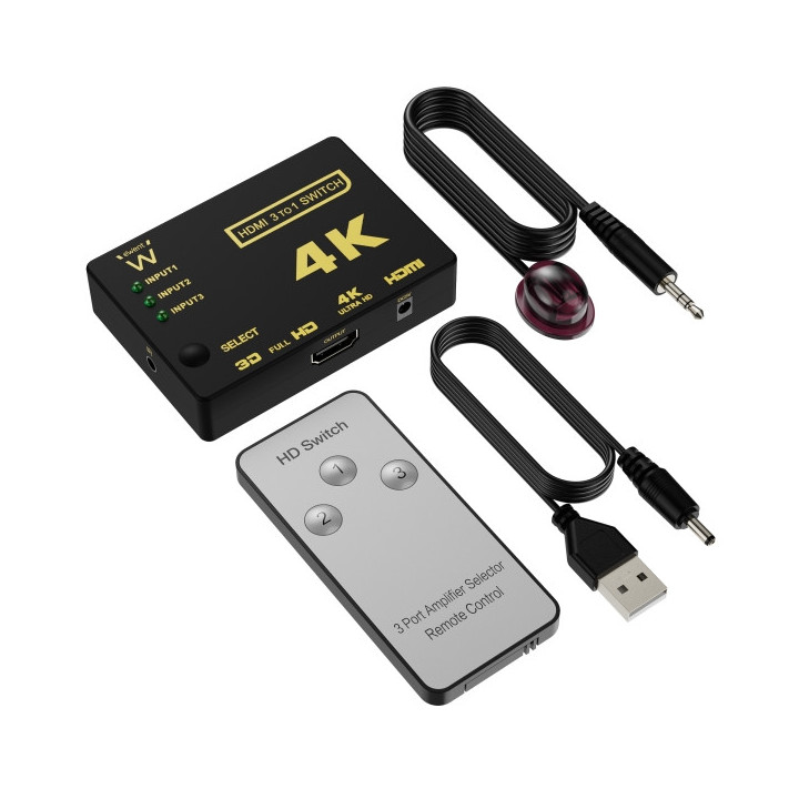 Ewent Switch Conmutador HDMI 3 a 1 - Resolucion 4K - Mando a Distancia - Incluye Cable de Alimentacion e IR - Color Negro