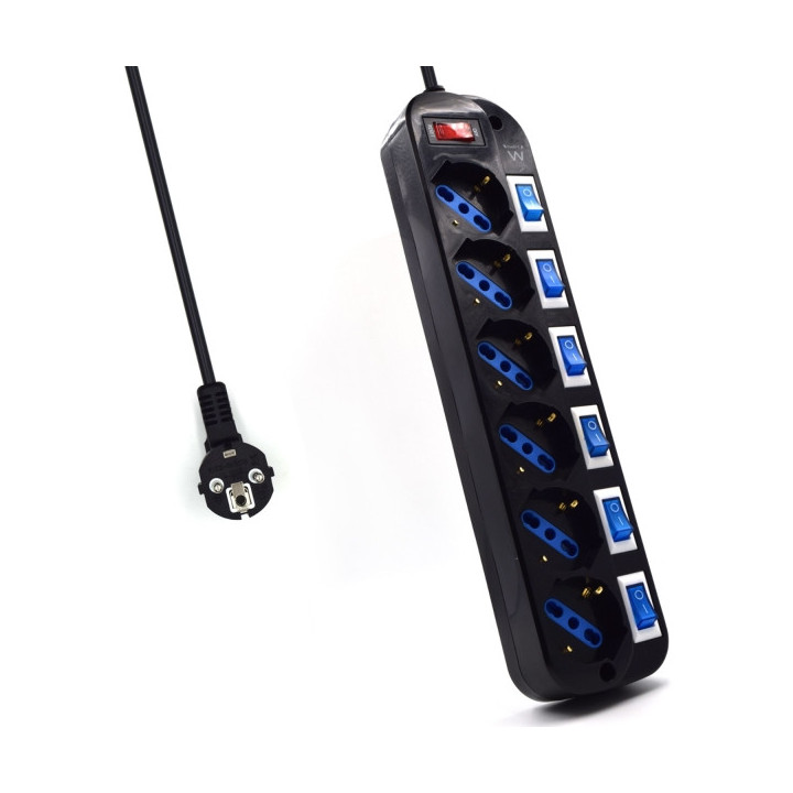 Ewent Regleta de 6 Tomas de Seguridad - 6x Schuko 16A - Proteccion contra Sobretension - Interruptor On/Off General e Individua