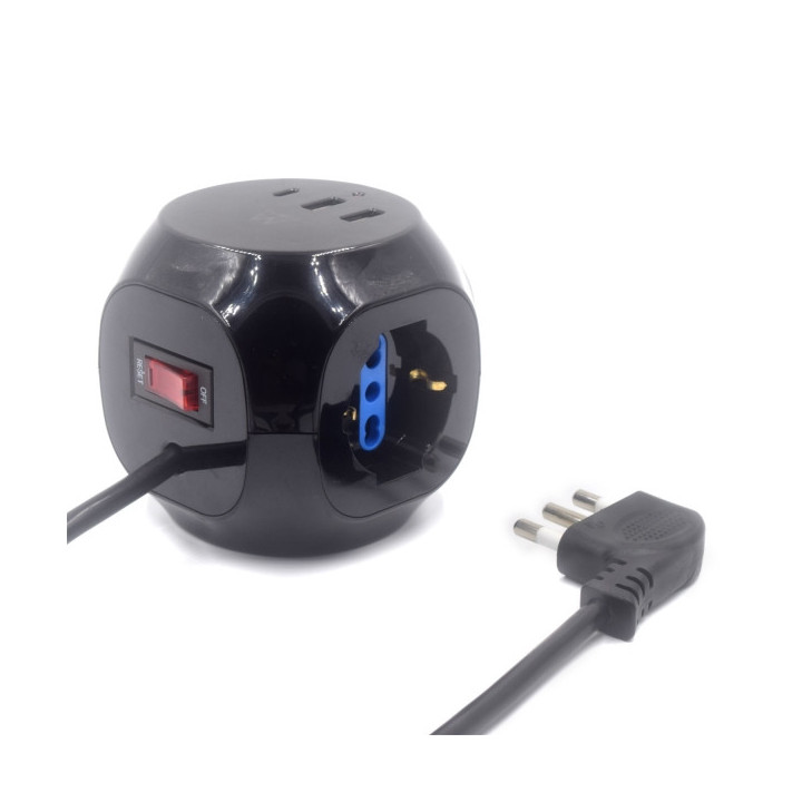 Ewent Regleta con 6 Tomas de Sobremesa en Forma de Cubo - 3 Tomas L/F (Schuko) - 2x USB-A - 1x USB-C - Enchufe Italiano Plano e