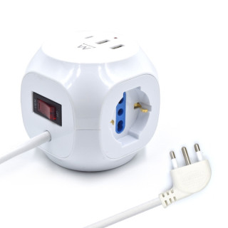 Ewent Regleta con 6 Tomas de Sobremesa en Forma de Cubo - 3 Tomas L/F (Schuko) - 2x USB-A - 1x USB-C - Enchufe Italiano Plano e