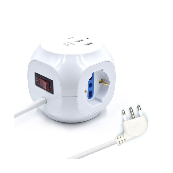Ewent Regleta con 6 Tomas de Sobremesa en Forma de Cubo - 3 Tomas L/F (Schuko) - 2x USB-A - 1x USB-C - Enchufe Italiano Plano e
