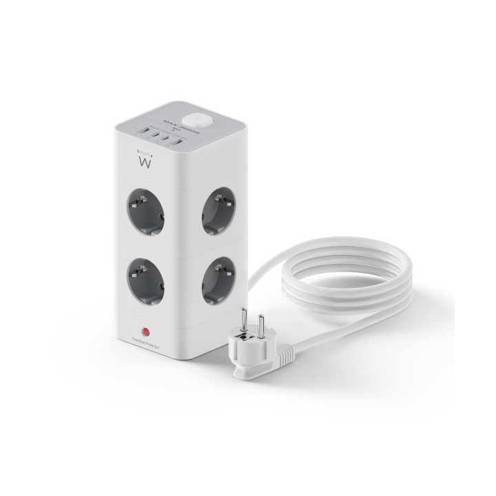 Ewent Regleta con 12 Tomas de Sobremesa - 8x Schuko 16A - 2x USB-A - 2x USB-C - Interruptor On/Off - Proteccion Infantil - Form