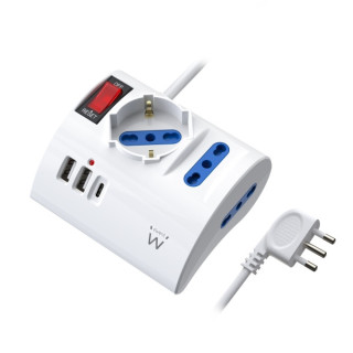 Ewent Regleta con 6 Tomas de Sobremesa - 2 Tomas L + 1 Toma L/F (Schuko) - 2x USB-A - 1x USB-C - Enchufe Italiano Plano en Angu