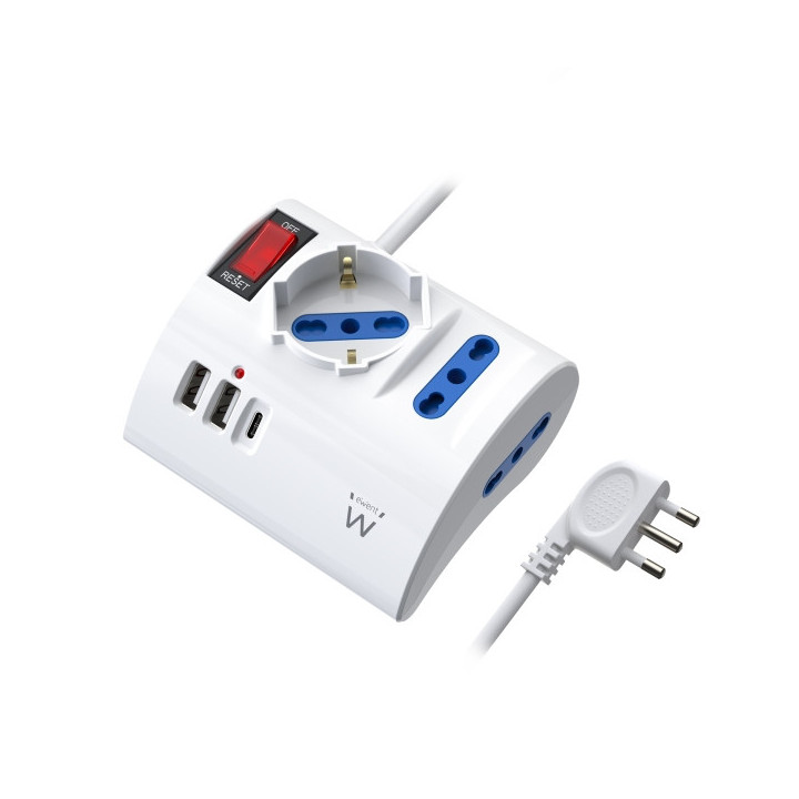 Ewent Regleta con 6 Tomas de Sobremesa - 2 Tomas L + 1 Toma L/F (Schuko) - 2x USB-A - 1x USB-C - Enchufe Italiano Plano en Angu