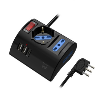Ewent Regleta con 6 Tomas de Sobremesa - 2 Tomas L + 1 Toma L/F (Schuko) - 2x USB-A - 1x USB-C - Enchufe Italiano Plano en Angu