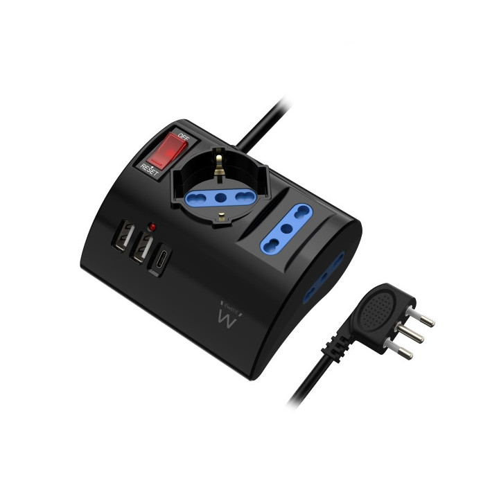 Ewent Regleta con 6 Tomas de Sobremesa - 2 Tomas L + 1 Toma L/F (Schuko) - 2x USB-A - 1x USB-C - Enchufe Italiano Plano en Angu