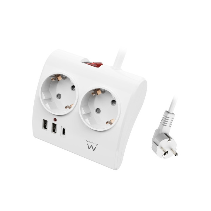 Ewent Regleta de 5 Tomas de Sobremesa - 2x Schuko 16A - 2x USB-A - 1x USB-C - Interruptor On/Off - Cable de 1.5m - Color Blanco
