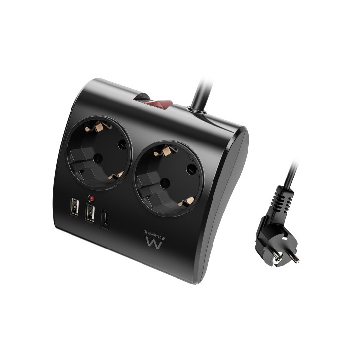Ewent Regleta de 5 Tomas de Sobremesa - 2x Schuko 16A - 2x USB-A - 1x USB-C - Interruptor On/Off - Cable de 1.5m - Color Negro
