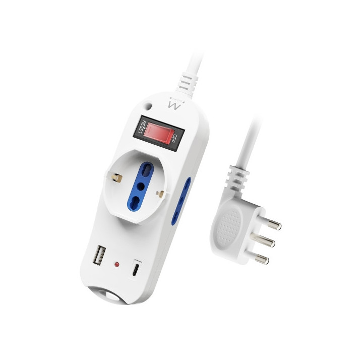 Ewent Regleta con 6 Tomas - 2 Tomas L + 1 Toma L/F (Schuko) - 1x USB-A - 1x USB-C - Enchufe Italiano Plano en Angulo - Interrup