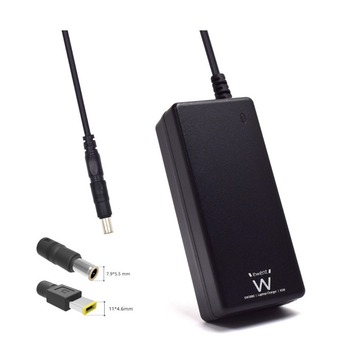 Ewent Cargador Especifico para Portatiles IBM/Lenovo - 65W de Potencia - 2 Clavijas Intercambiables - Color Negro